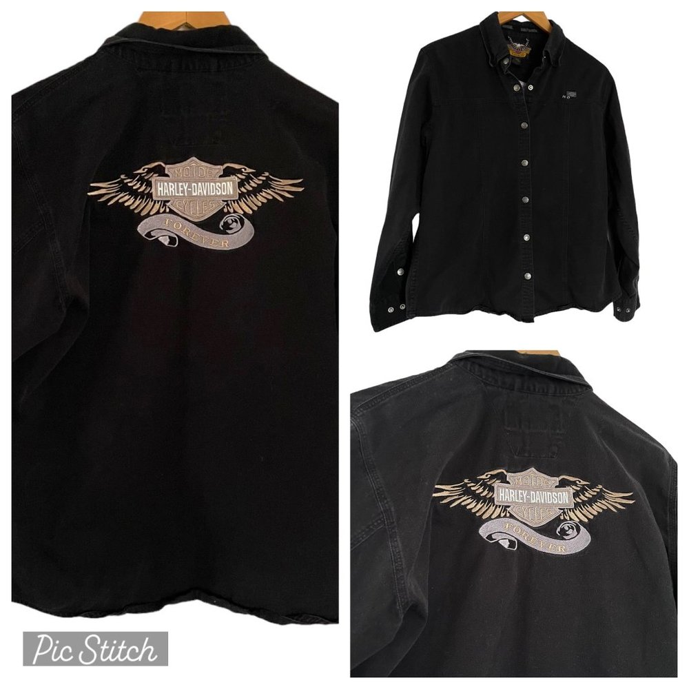 Harley Davidson Snap Front Western Shirt Large Black Embroidered Wings Logo Top